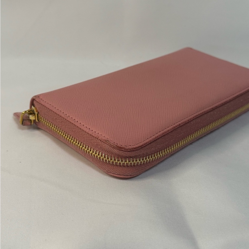 Prada Saffiano Zip Around Wallet Pink Gold Logo Continental - Picture 12 of 15